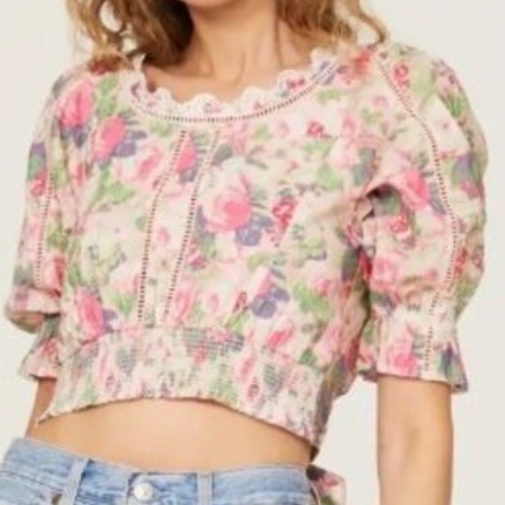 LOVESHACKFANCY | Karsten Top Pink Floral Puff Sleeve Smocked Crop Blouse | Large
